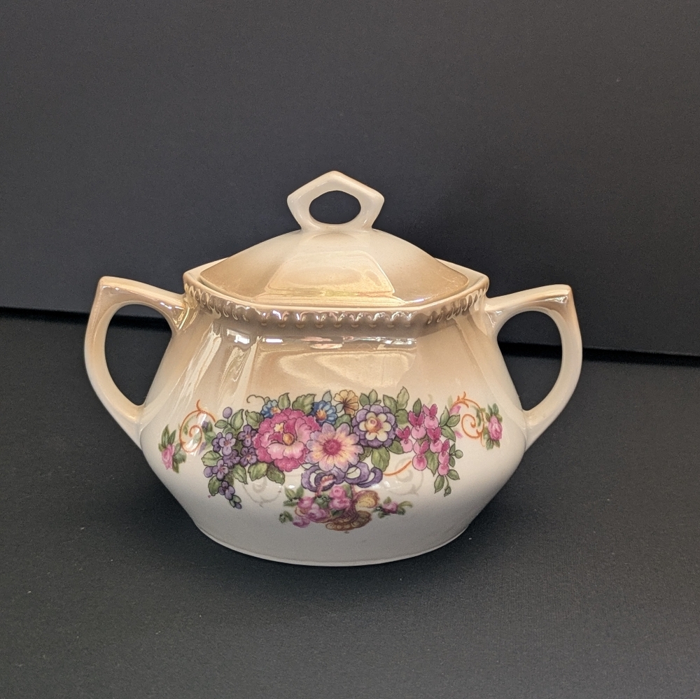 Vintage Floral Covered Sugar Bowl Pink Floral Bouquet Cottagecore Boho